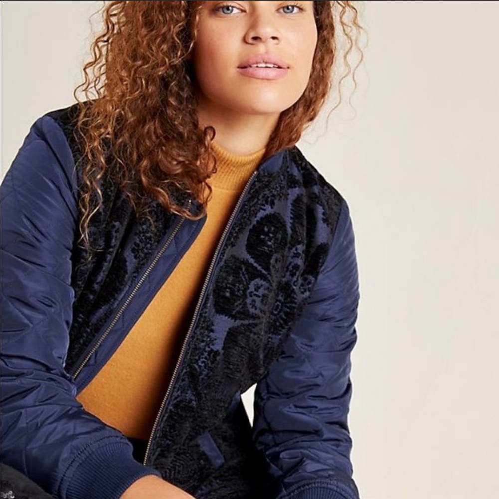 Anthropologie Navy Floral Jacquard Jacket
